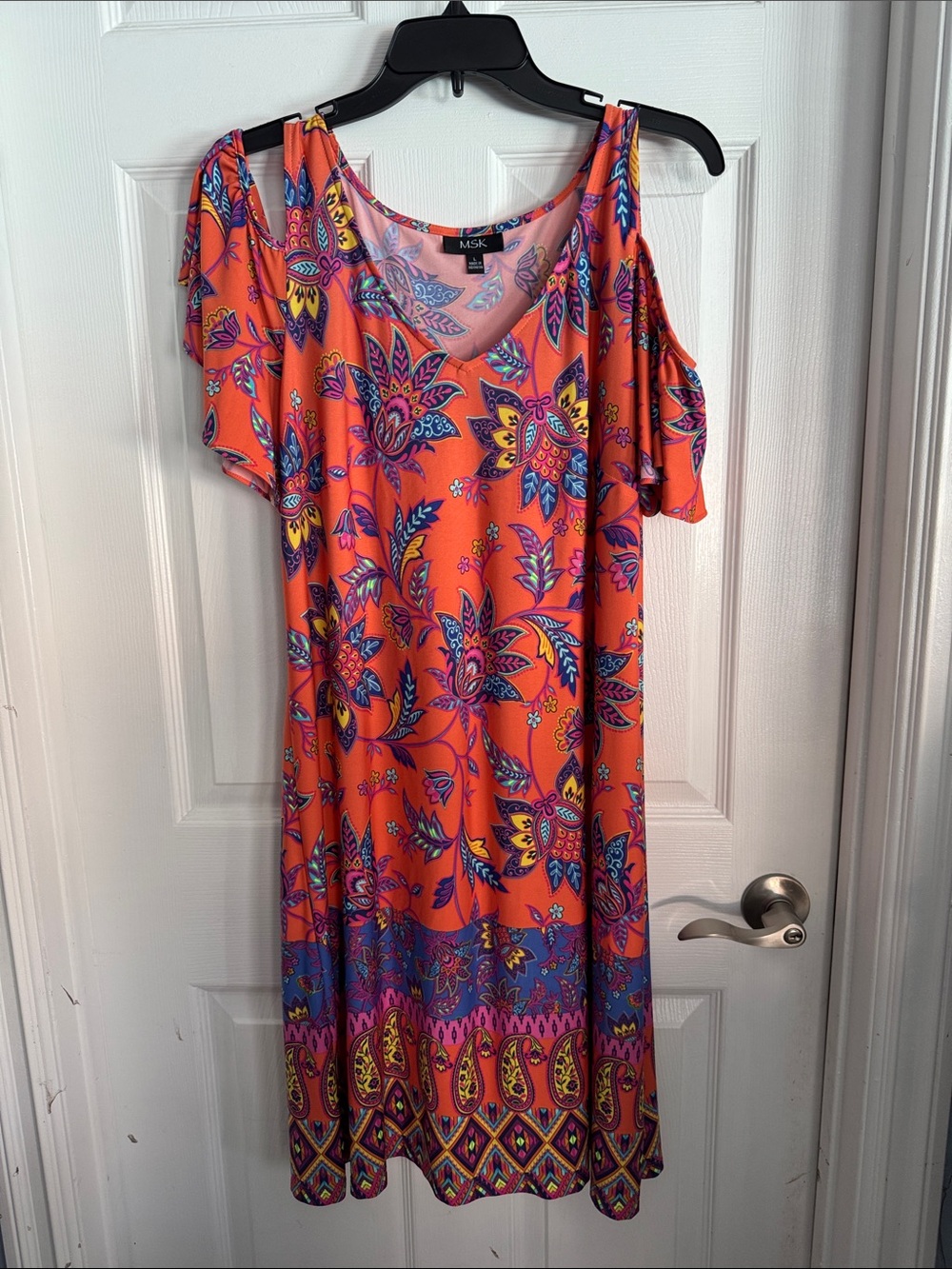 MSK Orange Floral Cold-Shoulder V-Neck Dress